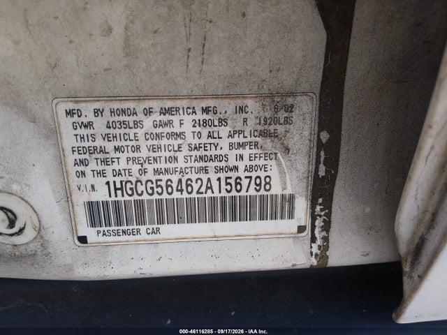 2002 Honda Accord 2.3 Lx მანქანა იყიდება აუქციონზე, vin: 1HGCG56462A156798, აუქციონის ნომერი: 46116285