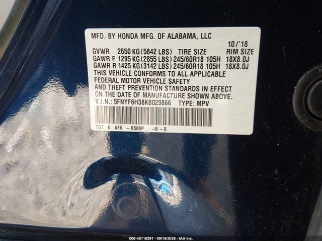 Aukcja sprzedaży 2019 Honda Pilot Ex, vin: 5FNYF6H38KB029866, numer aukcji: 46116291