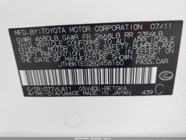 Aukcja sprzedaży 2011 Lexus Es 350, vin: JTHBK1EG2B2458160, numer aukcji: 46116295