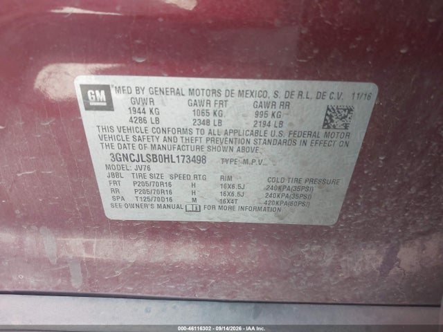 Продажа на аукционе авто 2017 Chevrolet Trax Lt, vin: 3GNCJLSB0HL173498, номер лота: 46116302