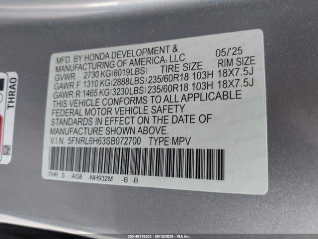 Продажа на аукционе авто 2025 Honda Odyssey Ex-l, vin: 5FNRL6H63SB072700, номер лота: 46116303