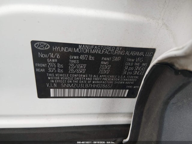 Aukcja sprzedaży 2017 Hyundai Santa Fe Sport 2.4l, vin: 5NMZU3LB7HH028657, numer aukcji: 46116311