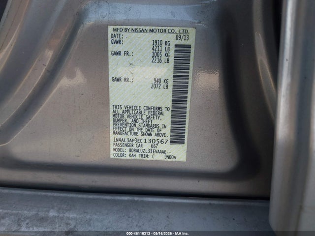 2014 Nissan Altima 2.5 Sv მანქანა იყიდება აუქციონზე, vin: 1N4AL3AP3EC130567, აუქციონის ნომერი: 46116313