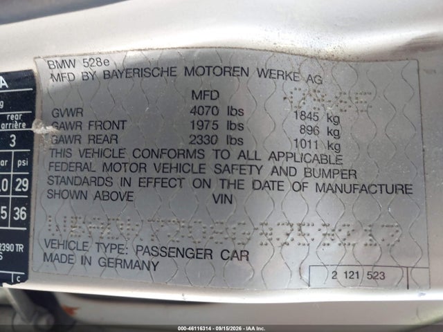 Aukcja sprzedaży 1986 Bmw 528 E, vin: WBADK7308G9359213, numer aukcji: 46116314