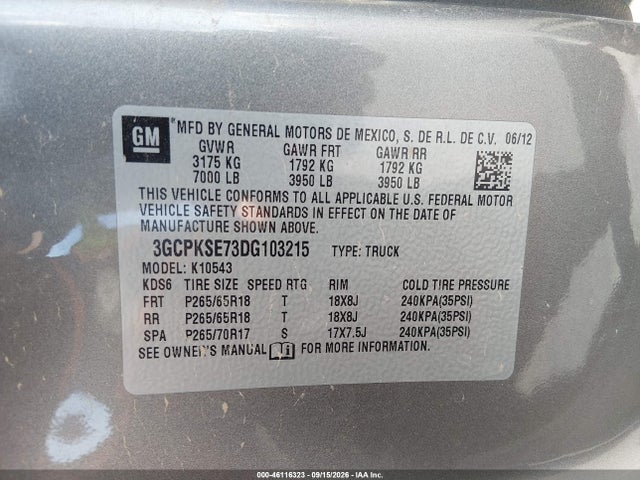 46116323 :رقم المزاد ، 3GCPKSE73DG103215 vin ، 2013 Chevrolet Silverado 1500 Lt مزاد بيع