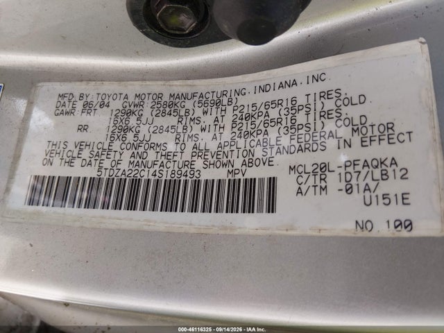 Продажа на аукционе авто 2004 Toyota Sienna Xle, vin: 5TDZA22C14S189493, номер лота: 46116325