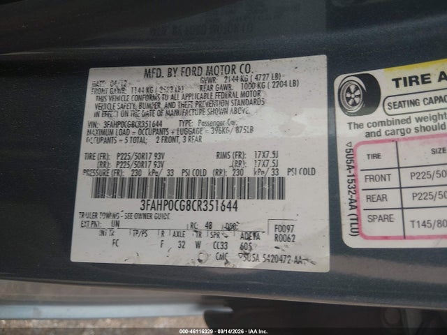 46116329 :رقم المزاد ، 3FAHP0CG8CR351644 vin ، 2012 Ford Fusion Sel مزاد بيع