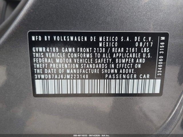 2018 Volkswagen Jetta 1.4t Se/1.4t Wolfsburg Edition მანქანა იყიდება აუქციონზე, vin: 3VWDB7AJ6JM223148, აუქციონის ნომერი: 46116333