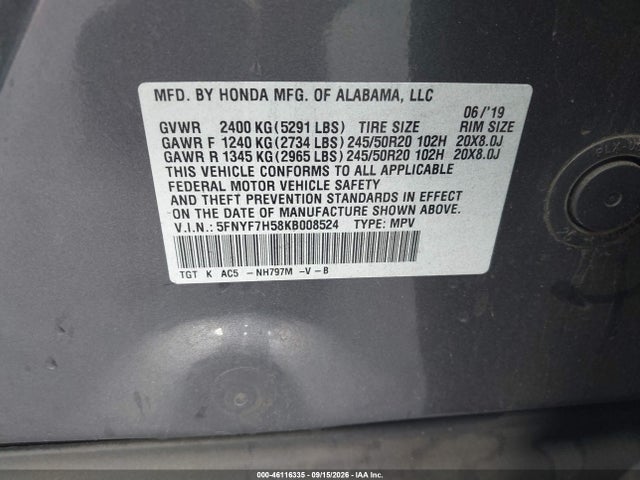Продаж на аукціоні авто 2019 Honda Passport Ex-l, vin: 5FNYF7H58KB008524, номер лоту: 46116335