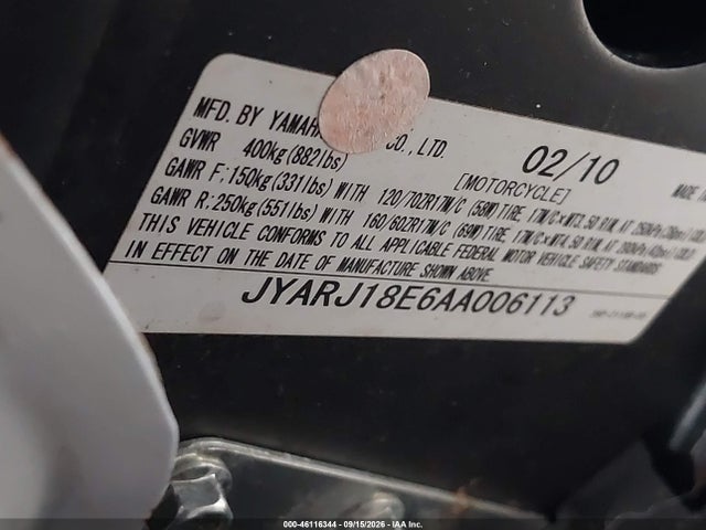 Продажа на аукционе авто 2010 Yamaha Fz6 R, vin: JYARJ18E6AA006113, номер лота: 46116344