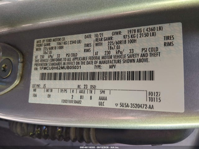 Продажа на аукционе авто 2021 Ford Escape Sel, vin: 1FMCU0H62MUB05031, номер лота: 46116355