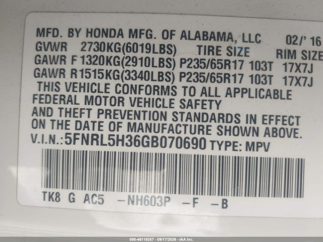 Honda ODYSSEY SE 2016 5FNRL5H36GB070690 Image 9