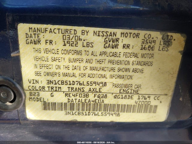 Aukcja sprzedaży 2006 Nissan Sentra 1.8s, vin: 3N1CB51D76L559498, numer aukcji: 46116358
