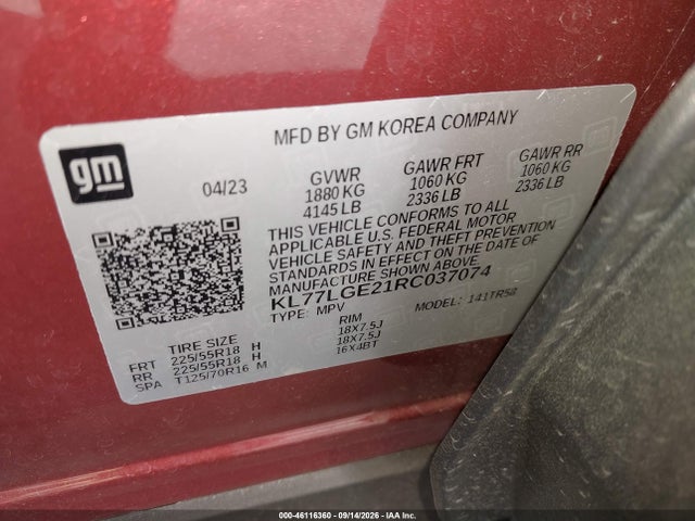 46116360 :رقم المزاد ، KL77LGE21RC037074 vin ، 2024 Chevrolet Trax Fwd 1rs مزاد بيع