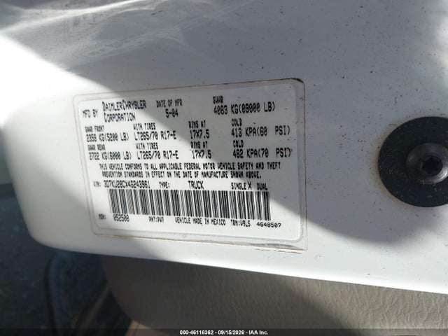 2004 Dodge Ram 2500 Slt/laramie მანქანა იყიდება აუქციონზე, vin: 3D7KU28CX4G243961, აუქციონის ნომერი: 46116362