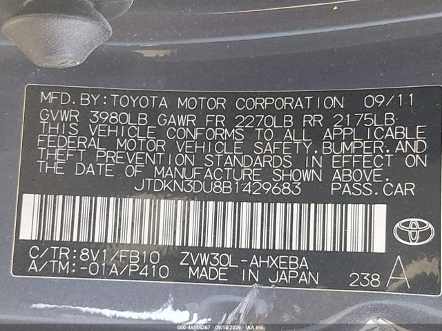 Aukcja sprzedaży 2011 Toyota Prius, vin: JTDKN3DU8B1429683, numer aukcji: 46116367