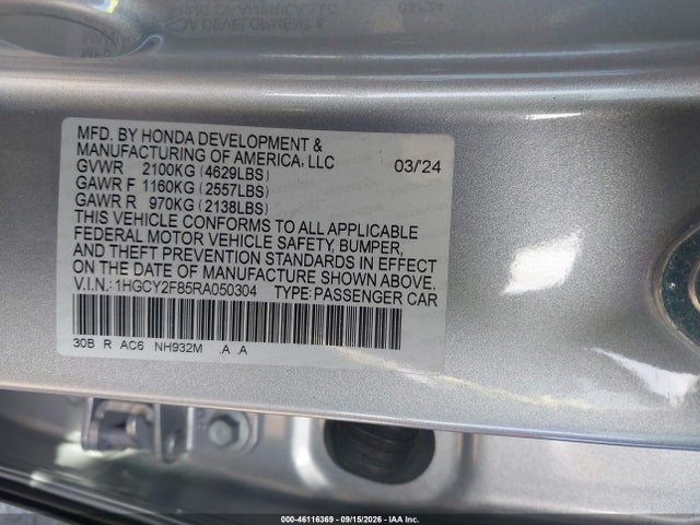 2024 Honda Accord Hybrid Touring მანქანა იყიდება აუქციონზე, vin: 1HGCY2F85RA050304, აუქციონის ნომერი: 46116369