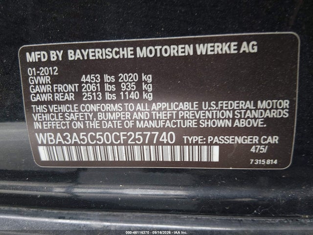 2012 Bmw 328i მანქანა იყიდება აუქციონზე, vin: WBA3A5C50CF257740, აუქციონის ნომერი: 46116370
