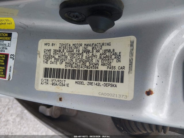 Продажа на аукционе авто 2012 Toyota Corolla S, vin: 5YFBU4EE4CP024594, номер лота: 46116372