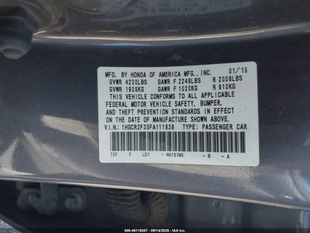 46116387 :رقم المزاد ، 1HGCR2F35FA111938 vin ، 2015 Honda Accord Lx مزاد بيع