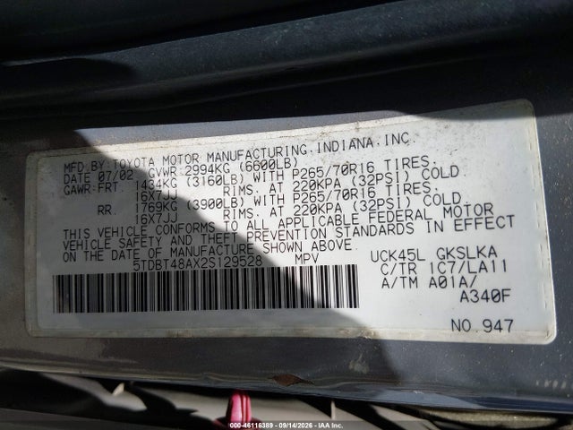 Aukcja sprzedaży 2002 Toyota Sequoia Limited V8, vin: 5TDBT48AX2S129528, numer aukcji: 46116389