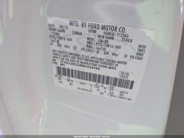46116400 :رقم المزاد ، 1FMCU9DG4BKA34166 vin ، 2011 Ford Escape Xlt مزاد بيع