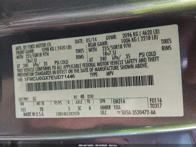 Aukcja sprzedaży 2014 Ford Escape Se, vin: 1FMCU0GX7EUD71446, numer aukcji: 46116402