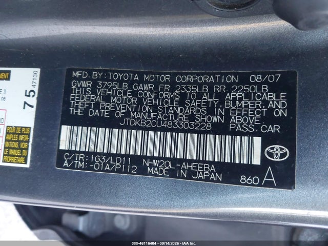Aukcja sprzedaży 2008 Toyota Prius, vin: JTDKB20U483303228, numer aukcji: 46116404