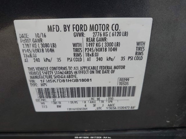 Продаж на аукціоні авто 2017 Ford Explorer Xlt, vin: 1FM5K7D81HGB18081, номер лоту: 46116406