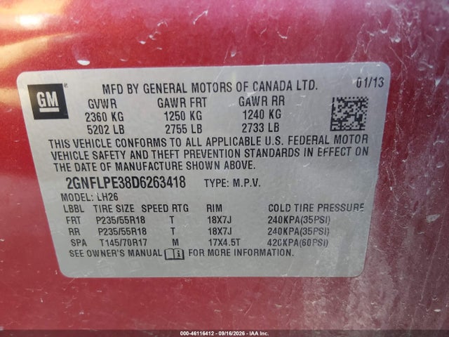 Aukcja sprzedaży 2013 Chevrolet Equinox 2lt, vin: 2GNFLPE38D6263418, numer aukcji: 46116412