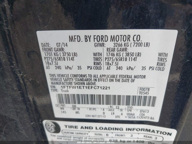 Aukcja sprzedaży 2014 Ford F-150 Xlt, vin: 1FTFW1ET1EFC71221, numer aukcji: 46116430