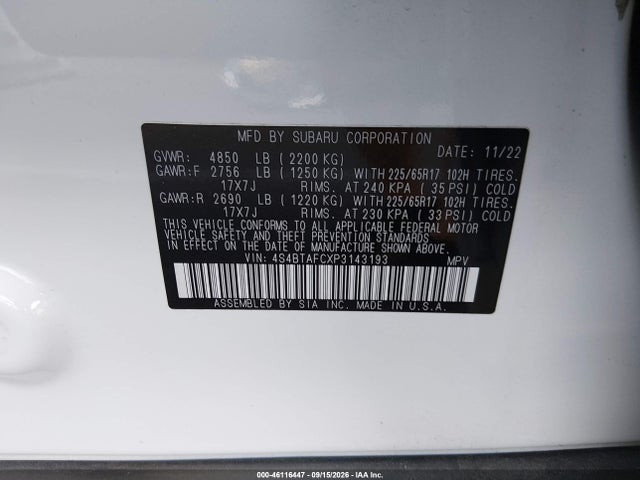 2023 Subaru Outback Premium მანქანა იყიდება აუქციონზე, vin: 4S4BTAFCXP3143193, აუქციონის ნომერი: 46116447