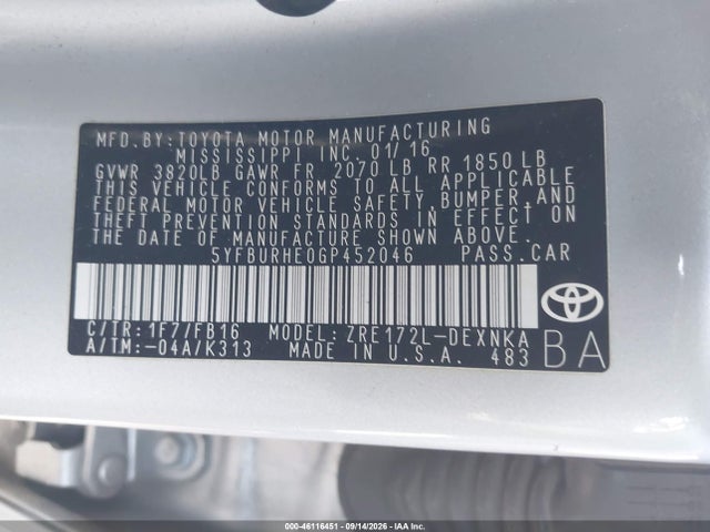 5YFBURHE0GP452046 Toyota COROLLA LE