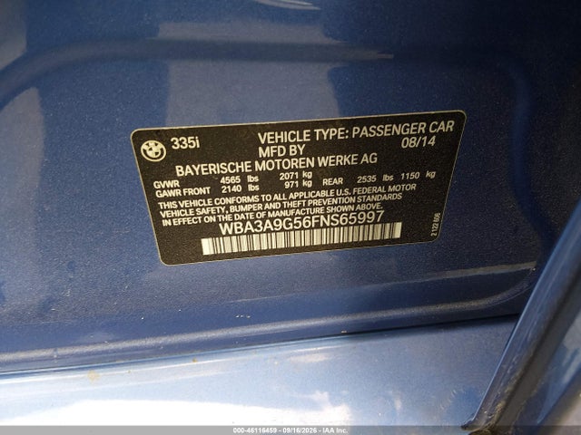 46116459 :رقم المزاد ، WBA3A9G56FNS65997 vin ، 2015 Bmw 335i مزاد بيع