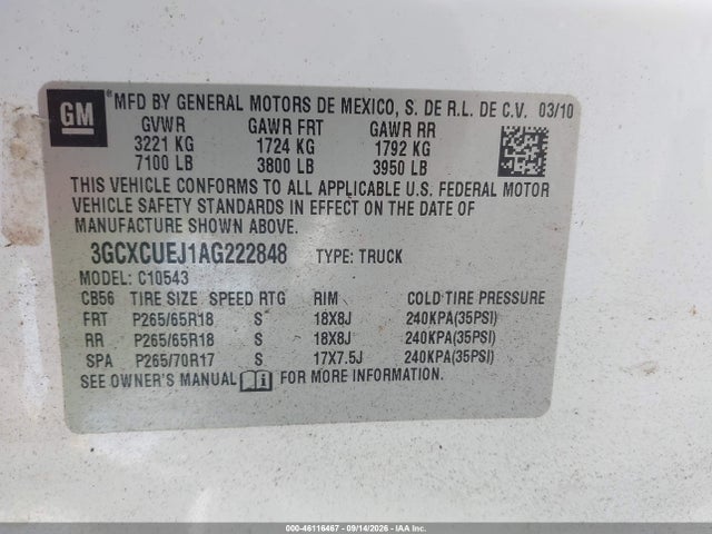 Aukcja sprzedaży 2010 Chevrolet Silverado 1500 Hybrid 1hy, vin: 3GCXCUEJ1AG222848, numer aukcji: 46116467