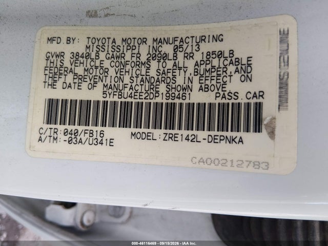2013 Toyota Corolla Le მანქანა იყიდება აუქციონზე, vin: 5YFBU4EE2DP199461, აუქციონის ნომერი: 46116469