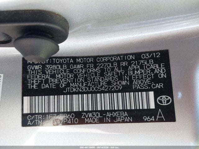 Aukcja sprzedaży 2012 Toyota Prius Two, vin: JTDKN3DU0C5427209, numer aukcji: 46116490