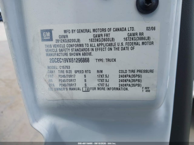 46116495 :رقم المزاد ، 2GCEC19VX61296868 vin ، 2006 Chevrolet Silverado 1500 Work Truck مزاد بيع