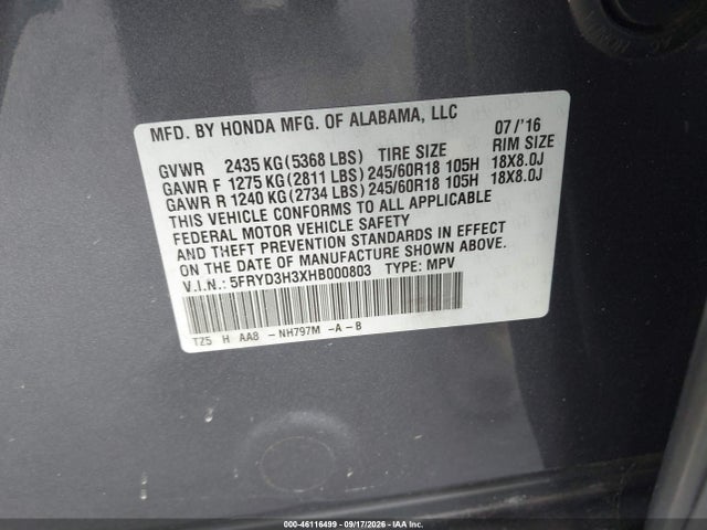 Продаж на аукціоні авто 2017 Acura Mdx, vin: 5FRYD3H3XHB000803, номер лоту: 46116499