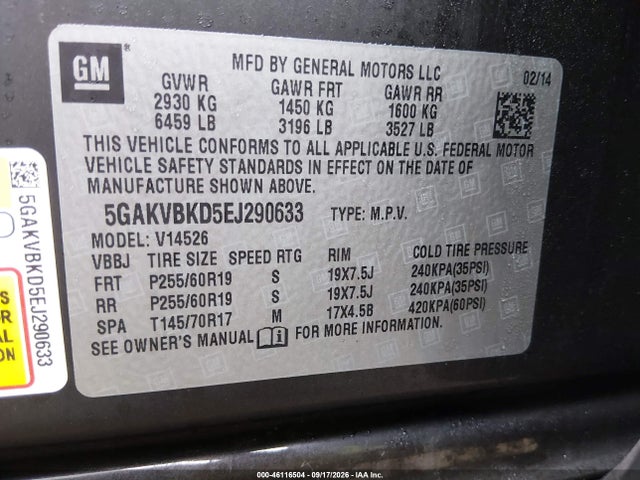 46116504 :رقم المزاد ، 5GAKVBKD5EJ290633 vin ، 2014 Buick Enclave Leather مزاد بيع