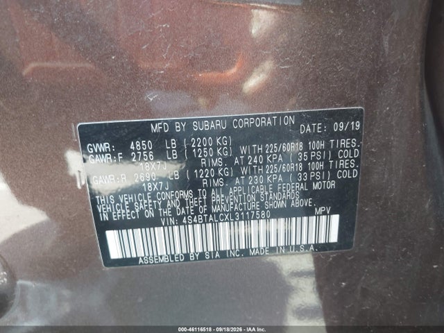 2020 Subaru Outback Limited მანქანა იყიდება აუქციონზე, vin: 4S4BTALCXL3117580, აუქციონის ნომერი: 46116518