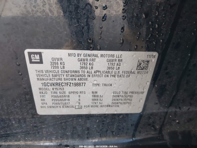 Aukcja sprzedaży 2015 Chevrolet Silverado 1500 1lt, vin: 1GCVKREC7FZ198877, numer aukcji: 46116522