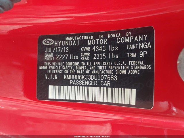 2013 Hyundai Genesis 3.8 R-spec მანქანა იყიდება აუქციონზე, vin: KMHHU6KJ3DU107683, აუქციონის ნომერი: 46116525