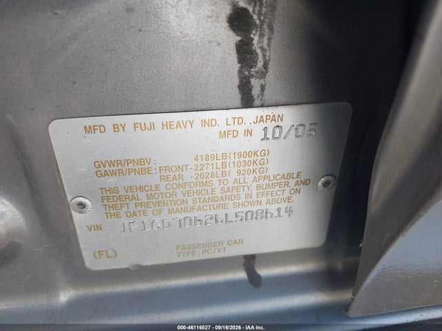 2006 Subaru Impreza Wrx Sti მანქანა იყიდება აუქციონზე, vin: JF1GD70626L508614, აუქციონის ნომერი: 46116527
