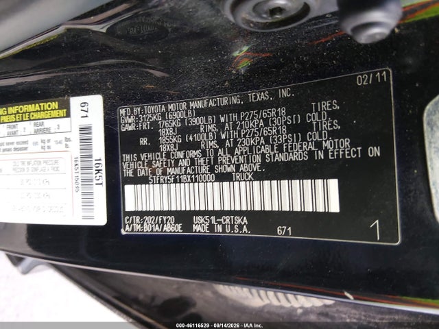46116529 :رقم المزاد ، 5TFRY5F11BX110000 vin ، 2011 Toyota Tundra Grade 5.7l V8 مزاد بيع