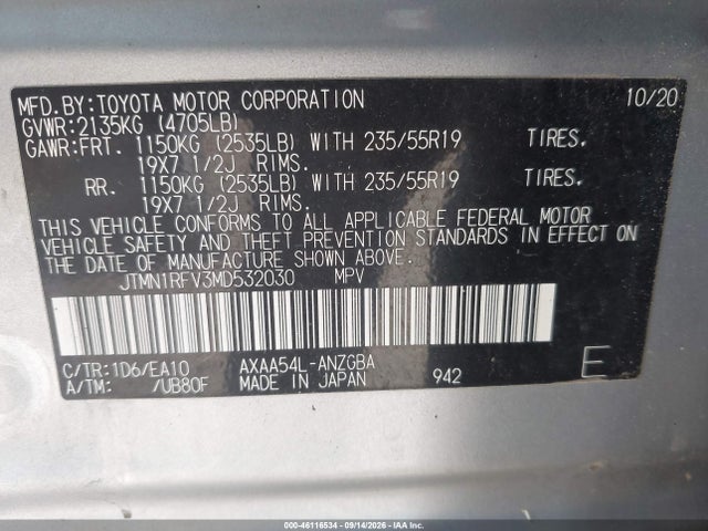 Продаж на аукціоні авто 2021 Toyota Rav4 Limited, vin: JTMN1RFV3MD532030, номер лоту: 46116534