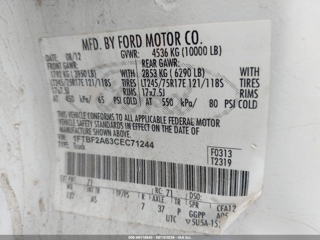 2012 Ford F-250 Xl მანქანა იყიდება აუქციონზე, vin: 1FTBF2A63CEC71244, აუქციონის ნომერი: 46116540
