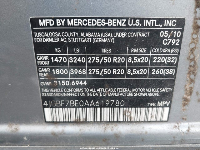 Продажа на аукционе авто 2010 Mercedes-benz Gl 450 4matic, vin: 4JGBF7BE0AA619780, номер лота: 46116546