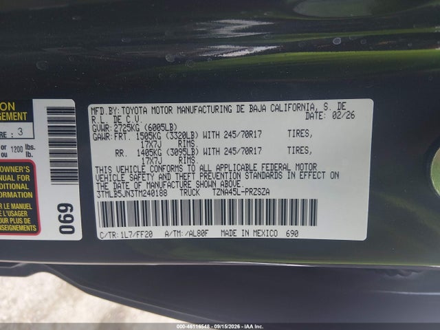 Aukcja sprzedaży 2026 Toyota Tacoma Sr5, vin: 3TMLB5JN3TM240188, numer aukcji: 46116548