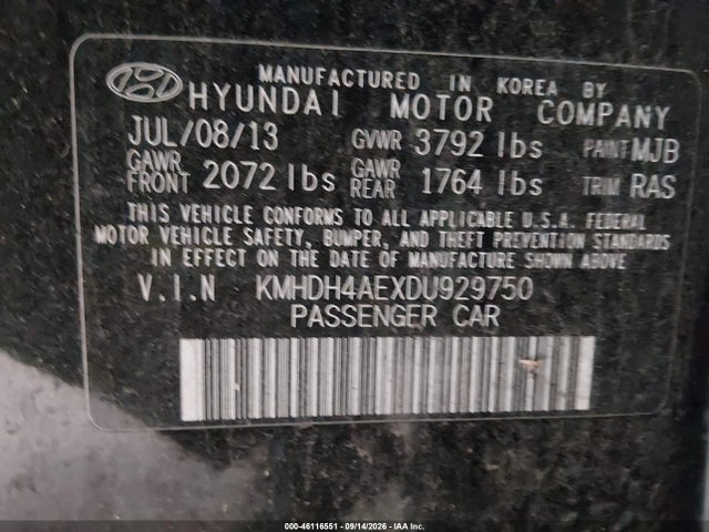Продаж на аукціоні авто 2013 Hyundai Elantra Gls, vin: KMHDH4AEXDU929750, номер лоту: 46116551